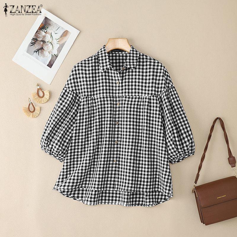 ZANZEA Women Turn Down Collar Loose Casual Half Sleeve Grid Print Blouse