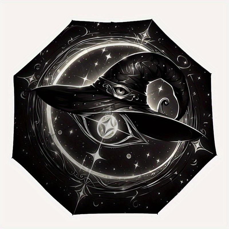 1pc Witch's Hat Illuminated by Stars and Moonlight Durable Cartoon Folding Umbrella, Portable 3-Fold Compact Umbrella for Men and Women, Suitable