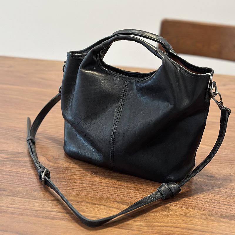 Johnature Geantă de damă din piele naturală, geantă de mână retro, piele de vacă moale, simplă, versatilă, capacitate mare, geantă de umăr