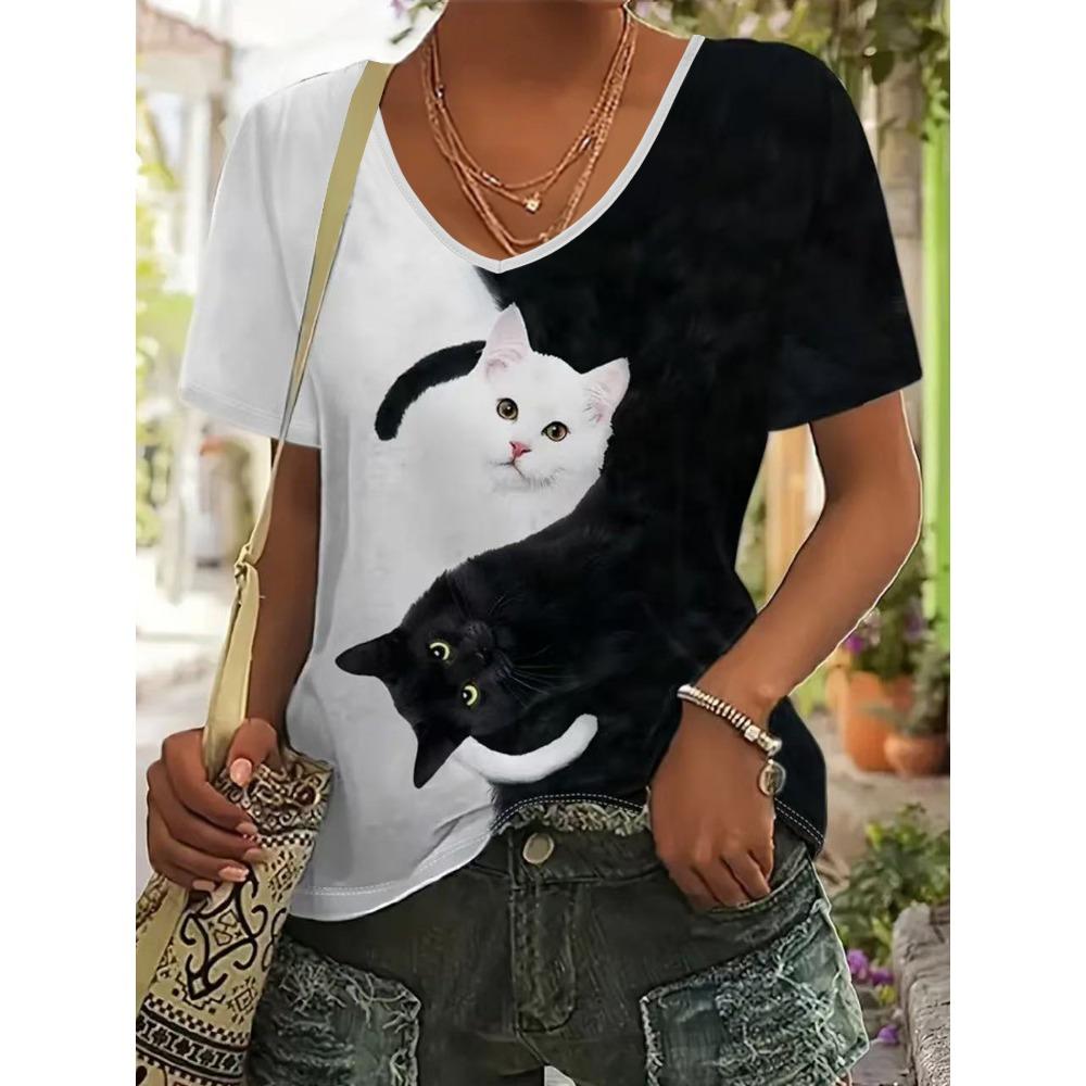 V-Neck Casual Style T-Shirt Streetwear Trendy Cat Graphic Top