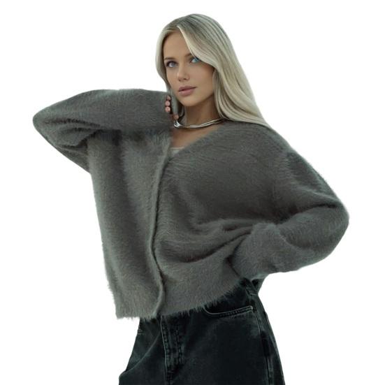 Women Sweater Coat V-Neck Long Sleeve Buttons Placket Knitting Coat Pure Color Elastic Fabric Loose Fit Casual Sweater