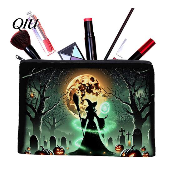 Leak-Proof Storage Bag Bag, with Halloween Witch Castle Print, Large Portable Cosmetic Capacity Canvas Organizer, for Travel And Stationery