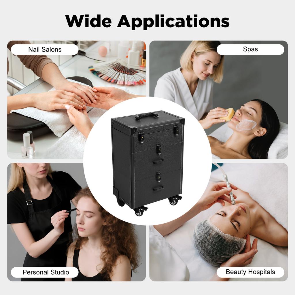 Large Rolling Makeup Case On Wheels, Professional Mobile Organizer Cart with Drawers for Makeup Artists, Cosmetics & Nail Polish