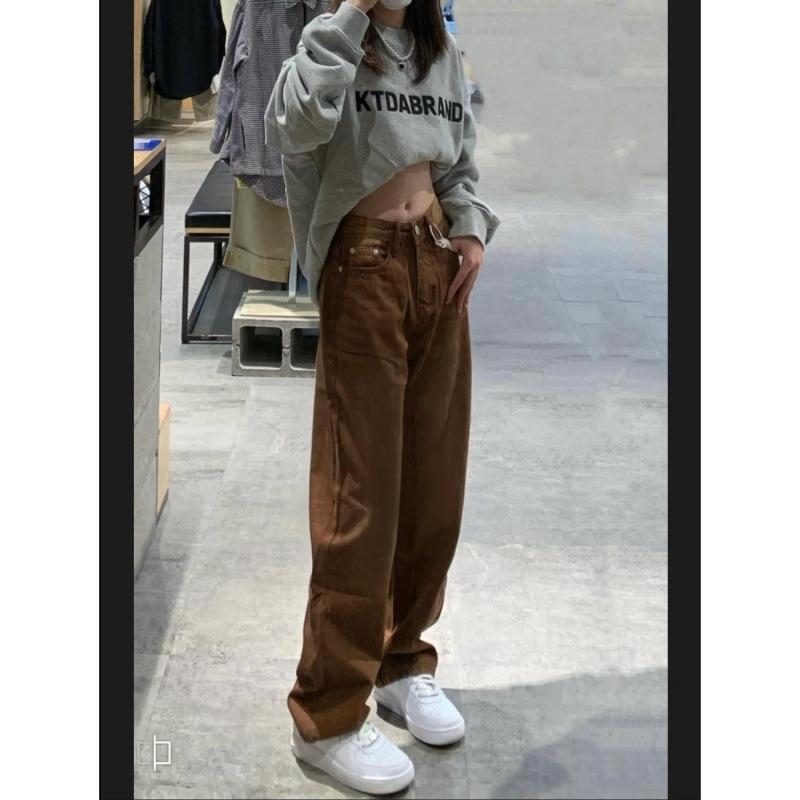 Retro coffee long pants women's spring drooping feeling high waist and thin wide legs loose straight brown jeans