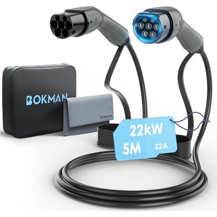 Bokman Câble Recharge Voiture Electrique,Câble Type 2 32A / 22kW / Triphasé / 5 Mètres