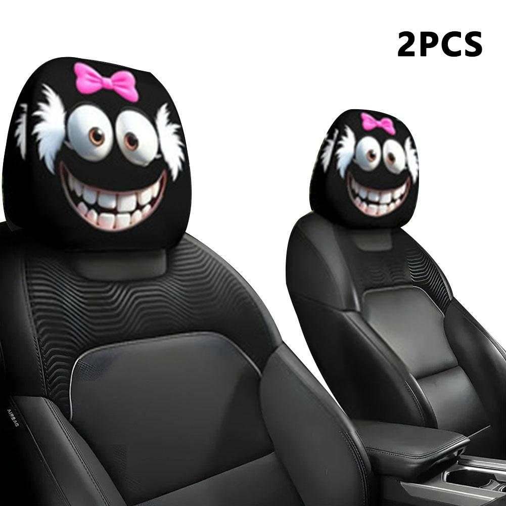 2pcs Horror Smiley Face Printed Car Pillowcase Soft Comfortable Decor Cushion Cover Universal Fun Head Cover Seat Protector