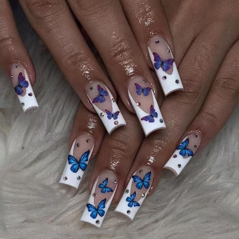 

Press on Nail Coffin Fake Nail Glossy Stick on Nail Butterfly Full Cover False Nail Acrylic Glues on Nail for Womens 1