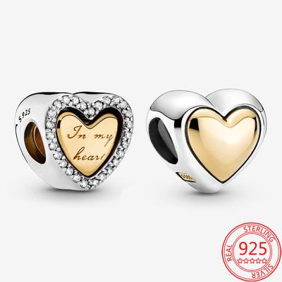 Authentischer 925 Sterling Silber Kuppel Gold Herz Anhänger Charm Fit Original Fashion 3mm Armband DIY Perlen Schmuck Geschenkherstellung