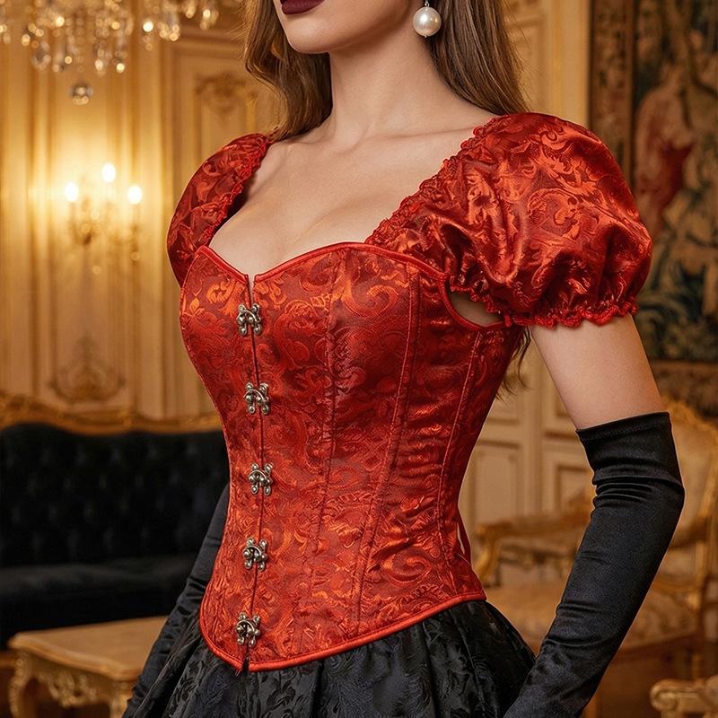 Retro Red Brocade Puff Sleeve Fishbone Bodice Corset with Square Neck Jacquard