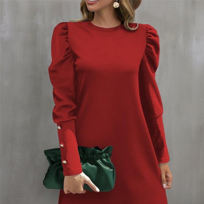 Nuevo vestido de otoño e invierno de cuello redondo, manga abullonada con botón y manga larga, falda de temperamento femenino a la moda y versátil para ir al trabajo