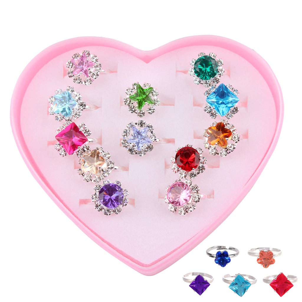 12pcs/Box Children Crystal Ring Toys Girl Dress Up Jewelry Toys Style Random Ship Boxed Cartoon Decorative Ring Gift for Kids