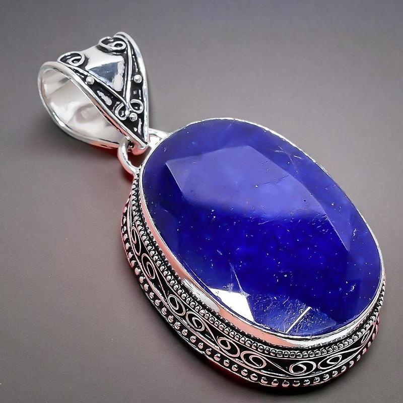 Safir(Simulat) Piatră prețioasă Lucrat manual Argint Sterling 925 Bijuterie Pandantiv 2,17" AH-857