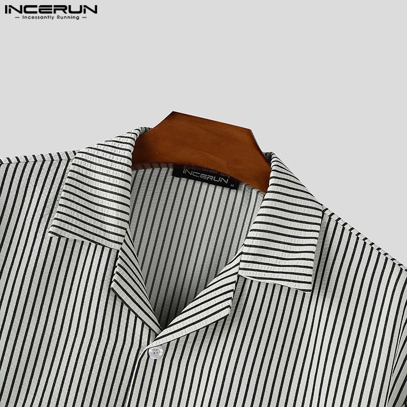 INCERUN Herren Reverskragen Kurzarm Gestreifter Druck Lässige Übergroße Hemden