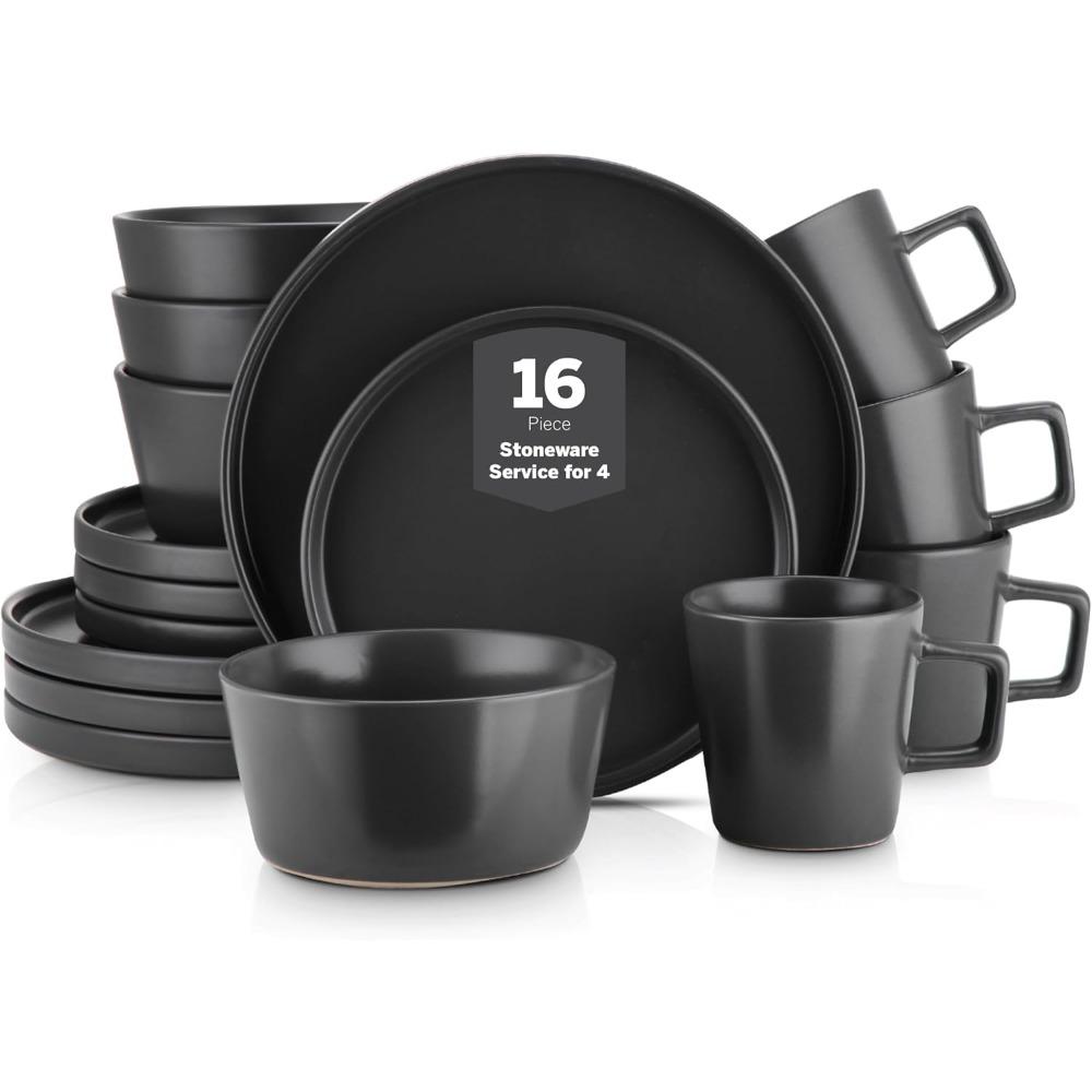 16-piece Ceramic Tableware Set, 4-piece Set, Black Plate and Bowl Tableware Set, Dishwasher-cleaned, Microwaveable, Black Matte