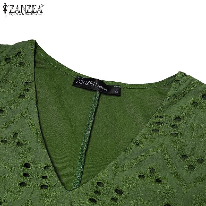 ZANZEA Women Casual V-Neck 3/4 Sleeve Loose Lace Crochet Holiday Dress