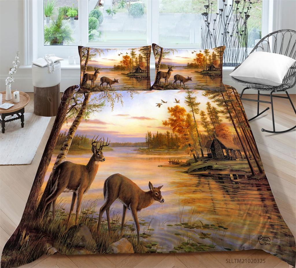 Bettwäsche mit Tiermuster, Einzelbett, Doppelbett, Full-Size-Kissenbezug mit Hirschmotiv und Bettbezug, 2 oder 3 Stück, waschbar, bequeme Heimdekoration