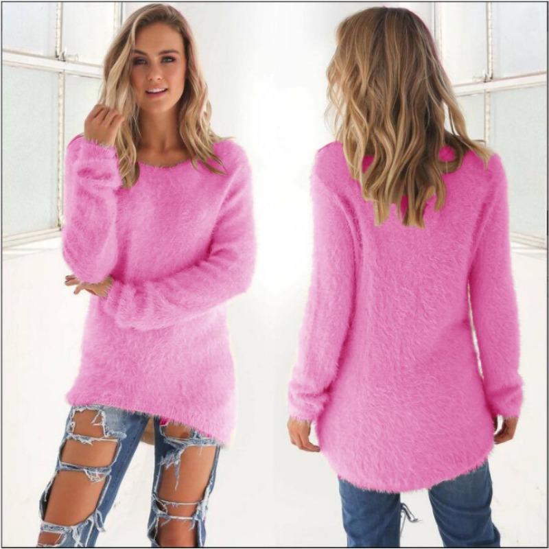 Women's Solid Color Fuzzy Plush Crew Neck Long Sleeve Loose Casual Pullover Sweater Top