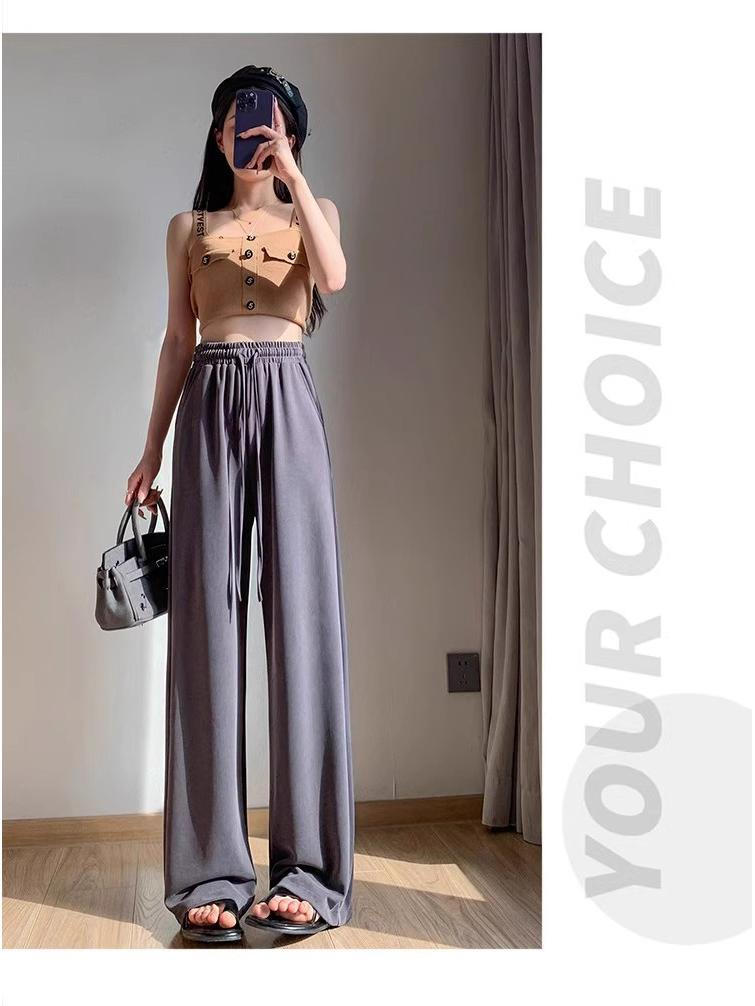 Damen Graue Hochtaillierte Cupro Sommerhose mit Weitem Bein - Petite, Leicht, Gerades Bein (145-150cm)