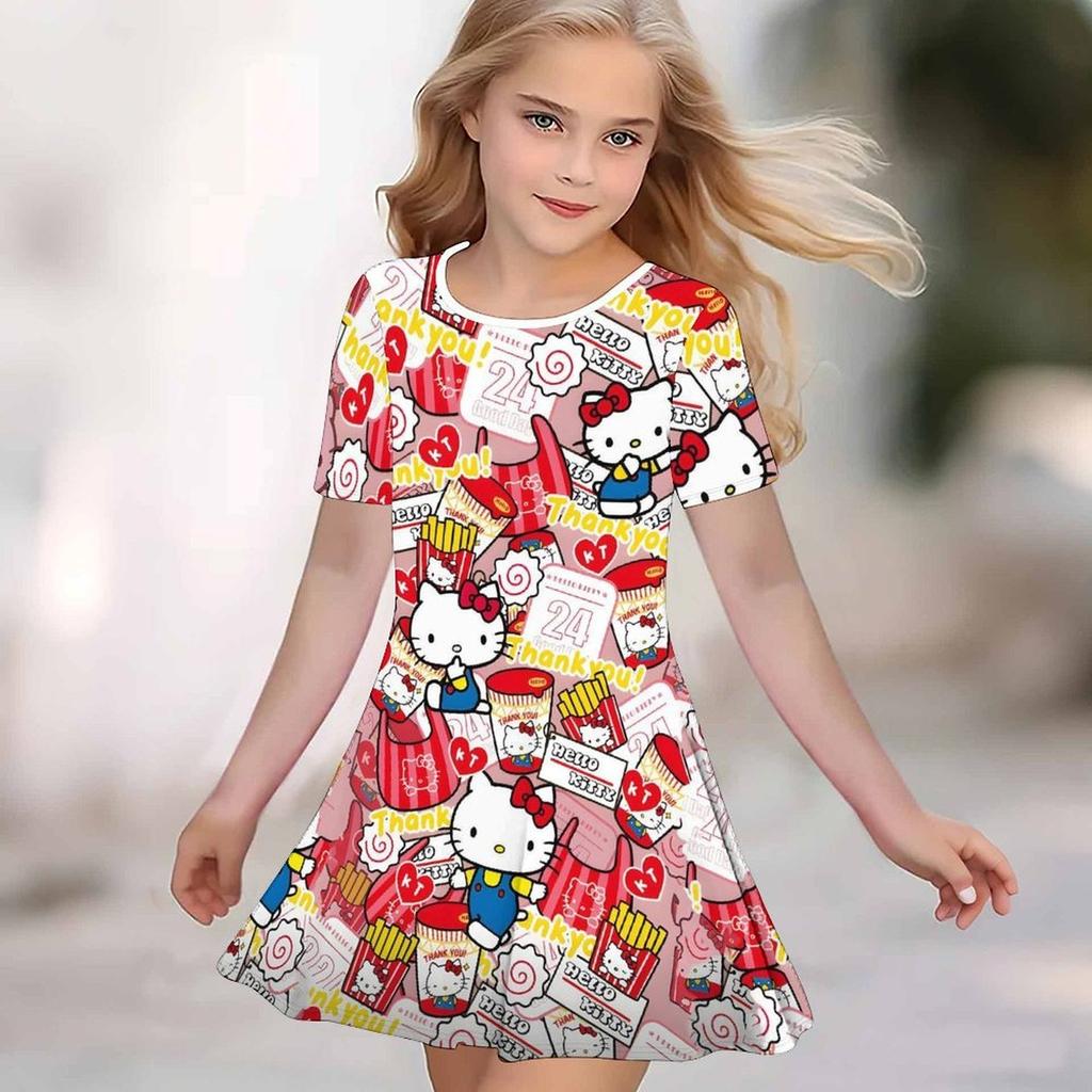 Girls 3D Print Dresses Kids Girl Party Short Sleeve Princess Dress Tank 3D Moe Cartoon Print Dress