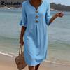 Summer New Cotton Linen V-Neck Buttoned Ruffled Sleeve Dress for Women