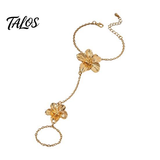 Adjustable Gold Chain Bracelet Flower Hand Link with Finger Ring for Matte Gilt Women Women, Hibiscus Flowers O Bracelet, Floral Fairy Jewelry