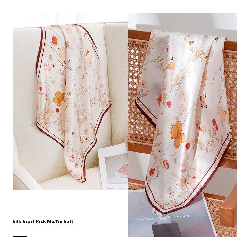 53X53Cm Neck Protection Small Scarf  Fresh Spring And Summer Printing 100% Mulberry Silk Small  Square Scarf Thin