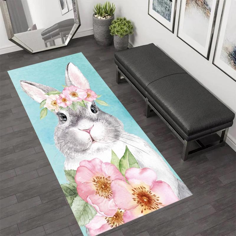 Cute Rabbit Pattern Long Runner Rug Fresh Floral Non-Slip Kitchen Mat Hallway Entrance Doormat Soft Absorbent Home Carpet