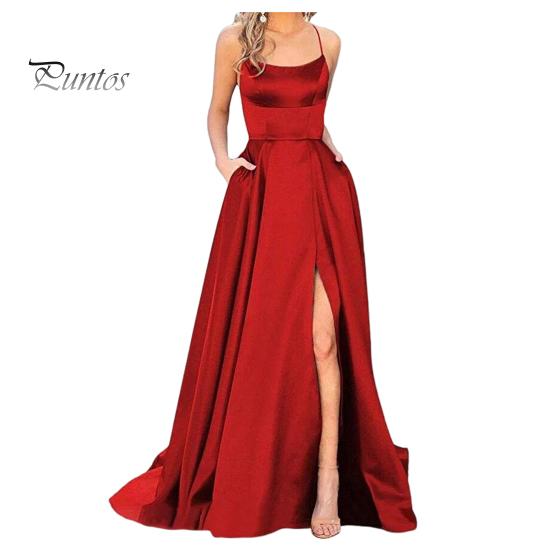 Rochie de seară Curea spaghete Fătură înaltă Umăr fără spate Fără mâneci Buzunare laterale Linie A Lungime la podea Satin Culoare pură Prom Banchet Petrecere Maxi