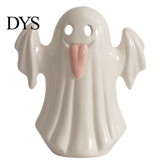 Halloween Autumn Home Accents Light Up Ceramic Ghost Figurines for Decor, Cute White Statue Vase Decor with Pink Tongue, LED Night Table Office