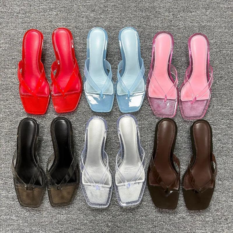 Damen Sandalen Flip Flops Tragen Quadratische Kopfmode Weinbrille Kristall Gelee Hausschuhe