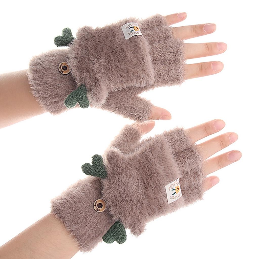 Winter Women Adult Plus Velvet Thickening Cute Cartoon Point Finger Gloves
