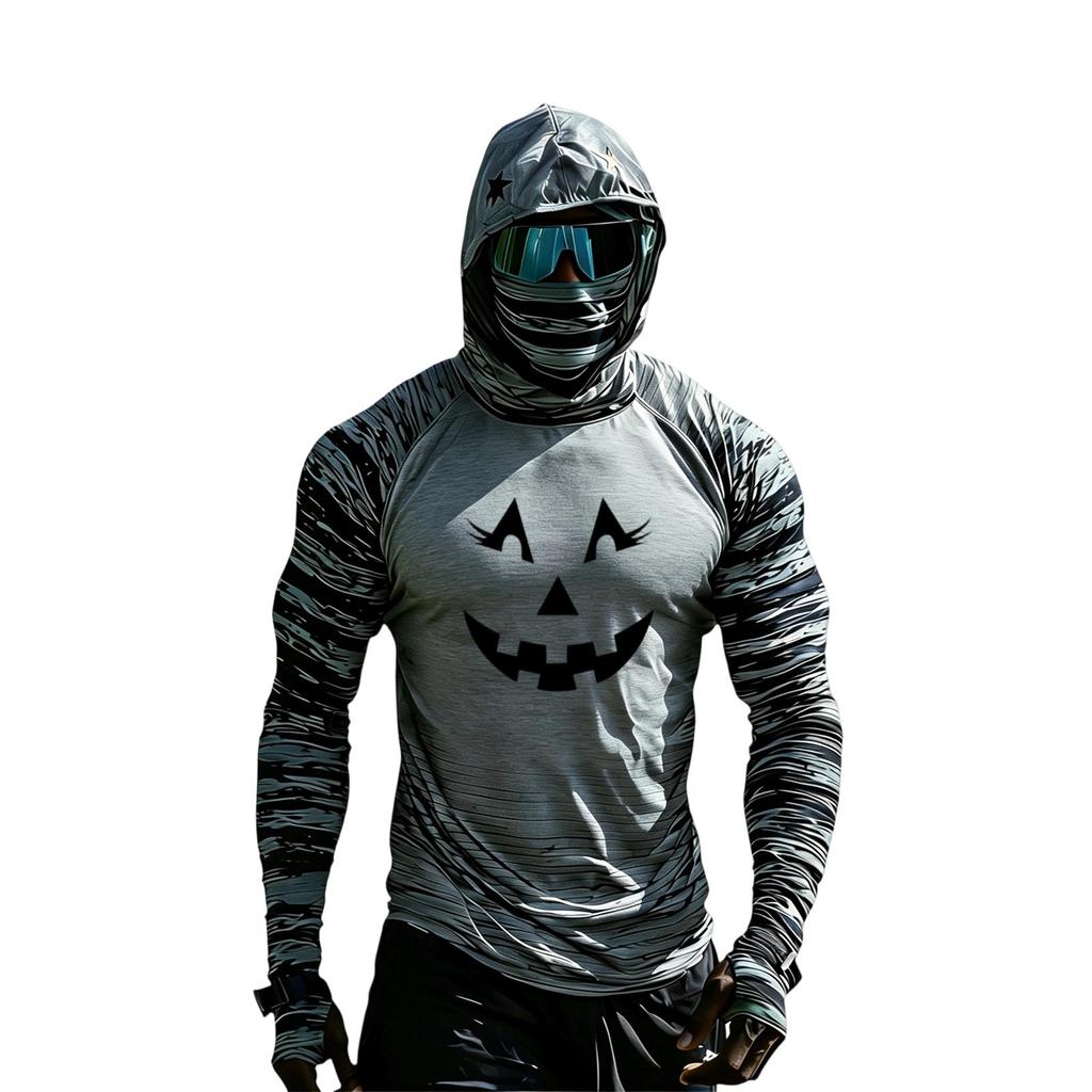 Men's Long Sleeve Hooded Sun Top with Color Block Raglan Sleeves Halloween Print
