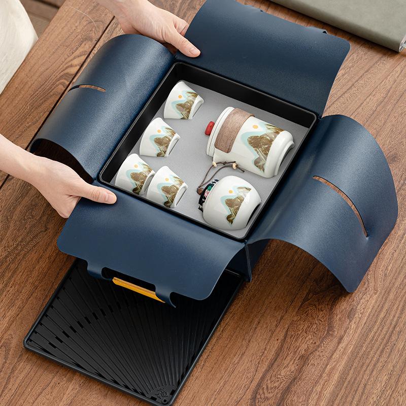 Creative Chinese Flowering Ru Kiln Ceramic Tea Set Portable Kuaike Tea Tray High-end Storage Bag Business Travel Cup