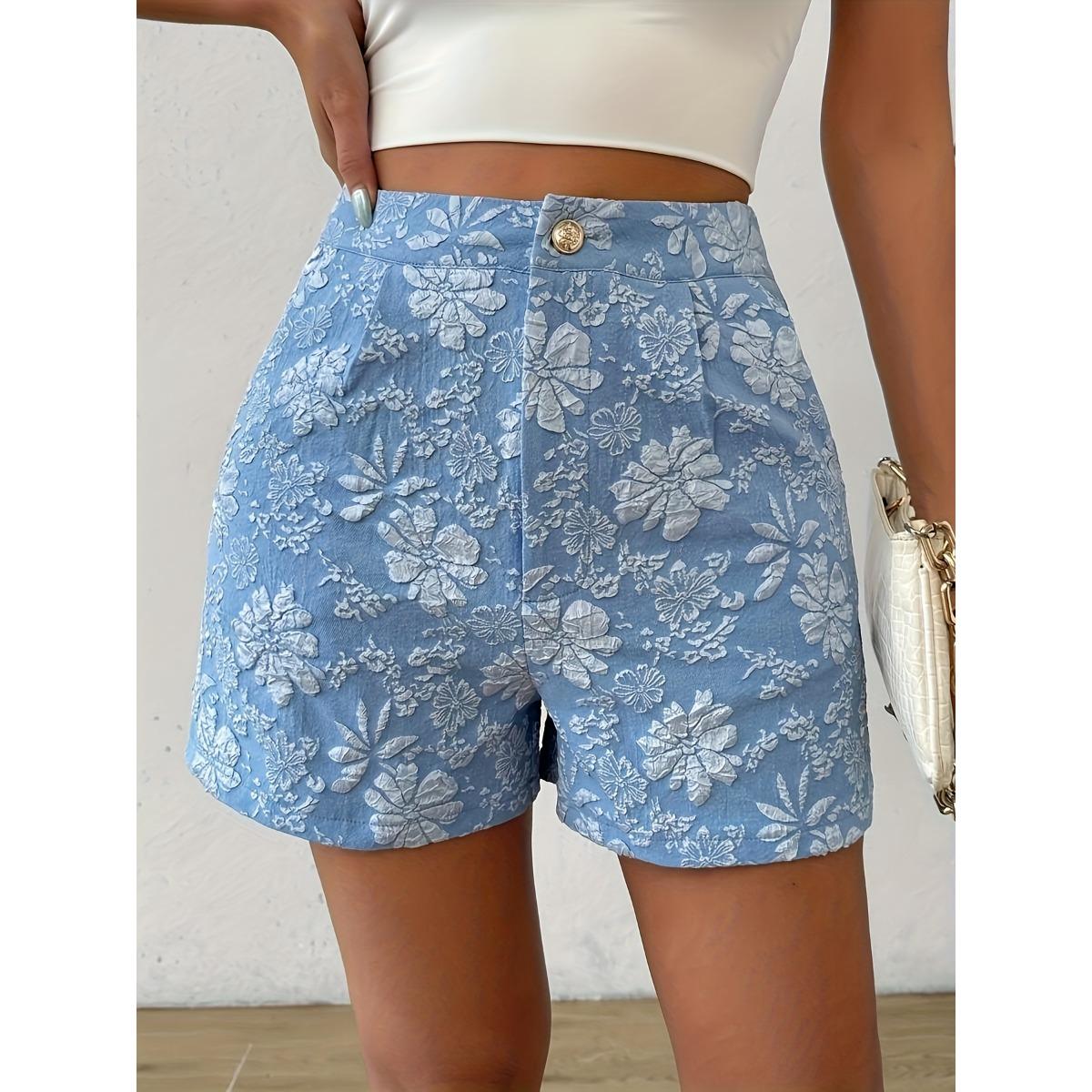 

Женские элегантные шорты с цветочным жаккардом и карманами - Высокая талия бежевый белый цветочный узор повседневные удобные шорты с высокой талией на весну, лето и осень L