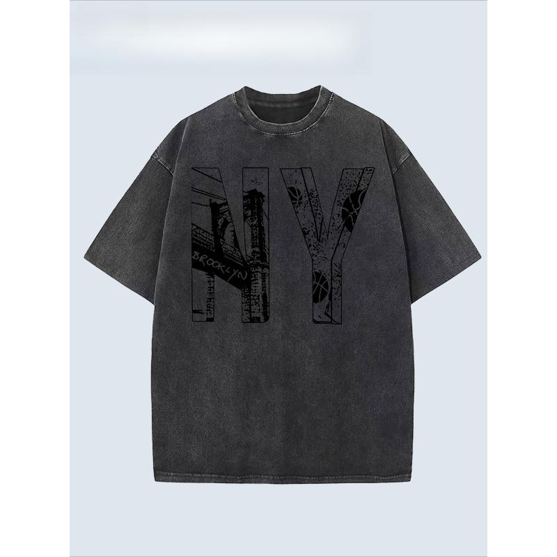 

European Size Men s Heavyweight Vintage New York City T-Shirt - Soft Breathable Retro NYC Skyline Print Tee, Loose Fit Washed Grey Streetwear Shirt S чёрный