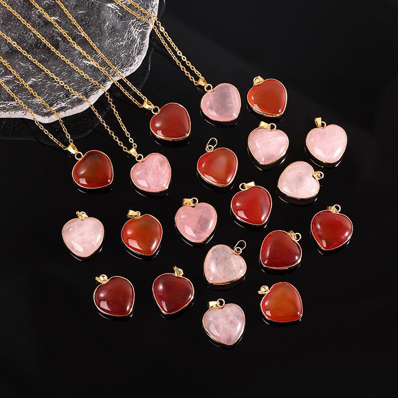 Rose Quartz Heart Shaped Natural Stone Agate Golden Edge Wrap Pendants Healing Crystal Chakra Reiki Love Gemstone