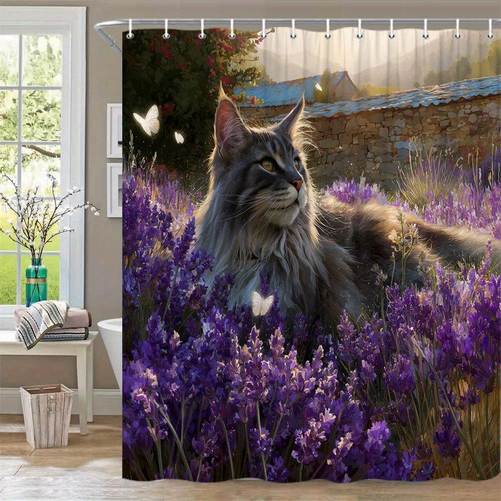 1Pc Maine Coon Cat Shower Curtain - Extra Long Bath Curtain With Lavender Field, Butterflies, Rustic Stone Wall - Gray & White