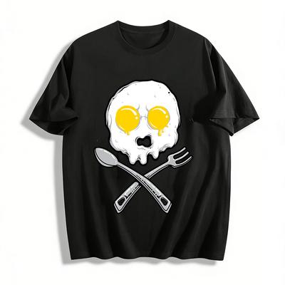 Funny Fried Egg Skull Print T-shirt Dark Humor Food Graphic Tee Pure Cotton T-shirt