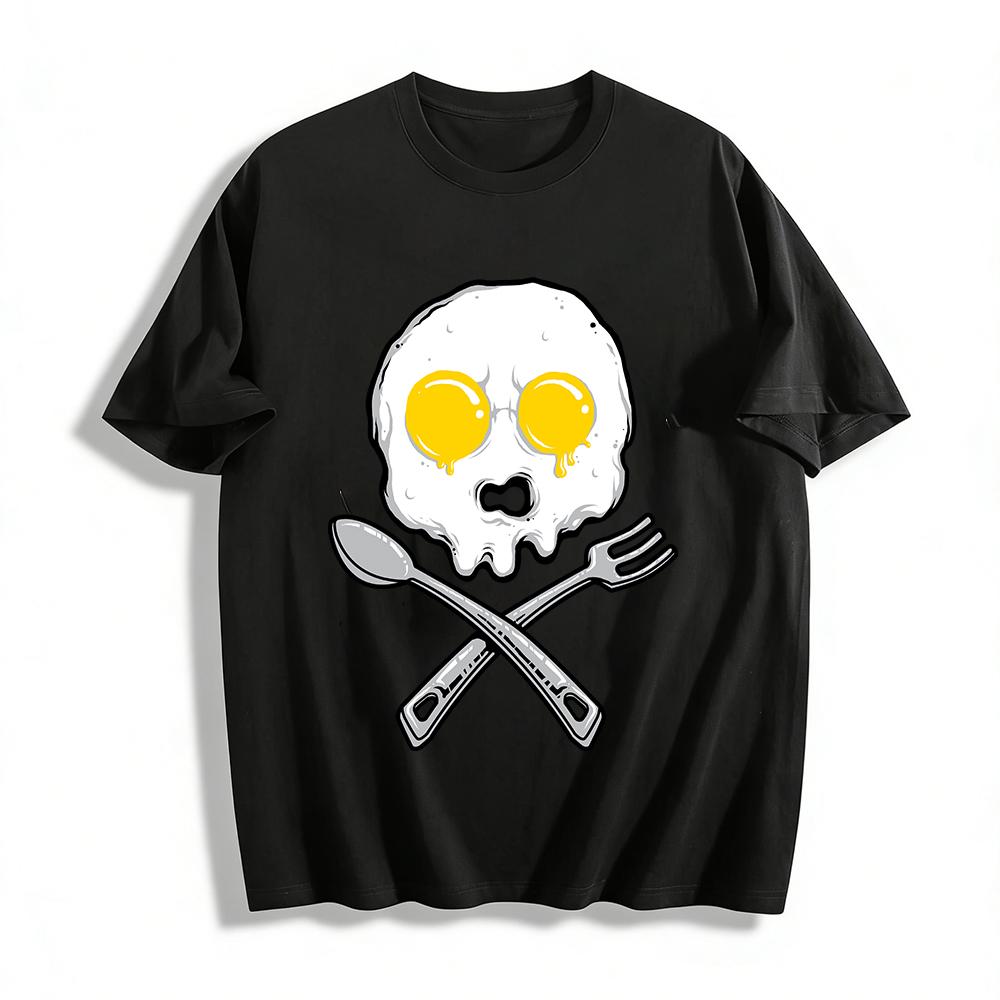 

Funny Fried Egg Skull Print T-shirt Dark Humor Food Graphic Tee Pure cotton T-shirt 6XL