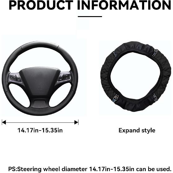 Bling Car Steering Wheel Cover, 15 Inch Rhinestones Soft Leather Elastic Steering Wheel Protector, Sparkly Crystal Diamond For Women Girls, Car
