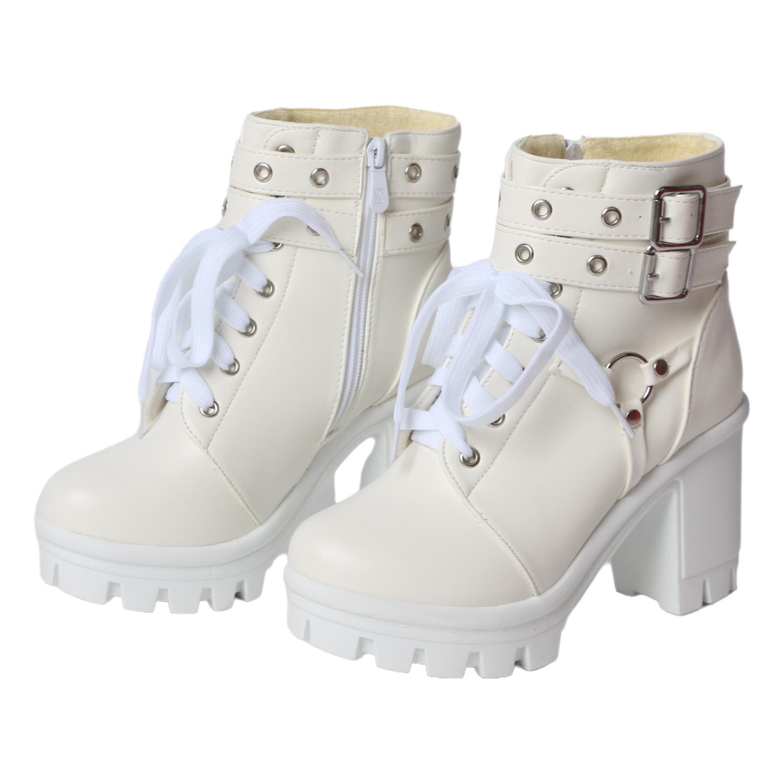 

FOREADA Женские ботильоны с круглым носком, на толстом высоком каблуке, с металлической декоративной пряжкой, на молнии и шнуровке, короткие ботинки, женская модная обувь, осень-зима 39 белый