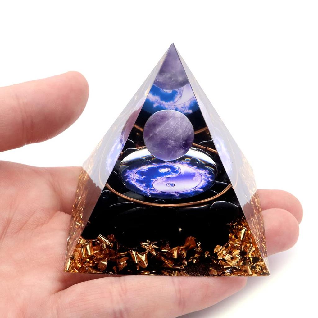 Orgonite pyramid ornament natural stone power stone purification obsidian gravel amethyst round ball tai chi [GOLD STONE]