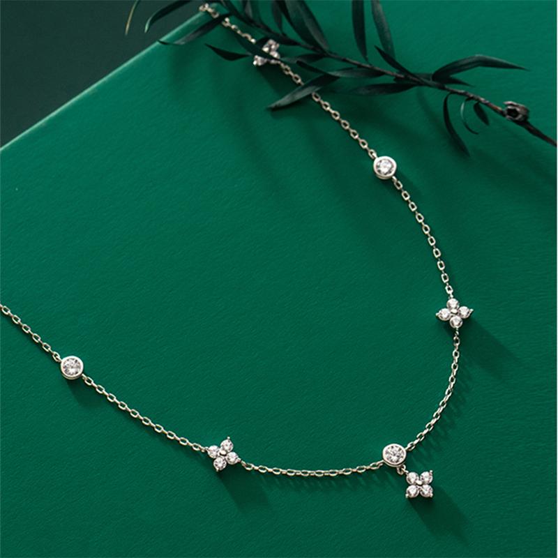 Silber Charming Vier Blatt Blume Vintage Anhänger Kette Halskette Für Frauen Böhmischen Zirkon Edlen Schmuck