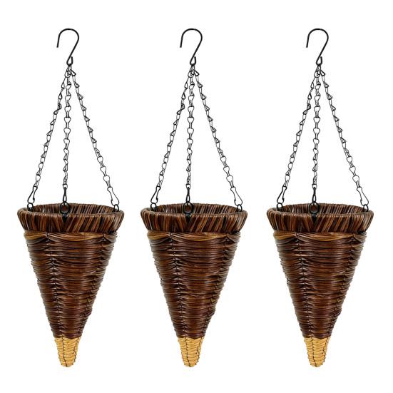 Cesto Portafiori Sospeso a Cono in Rattan Artificiale Intrecciato Fioriera Conica Rustica con Catene Metalliche per Decorazione Interna Esterna Giardino Balcone