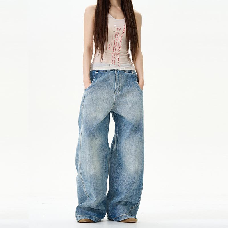 Unisex Retro Bamboo Texture Curved-Leg Street Style Jeans XXL