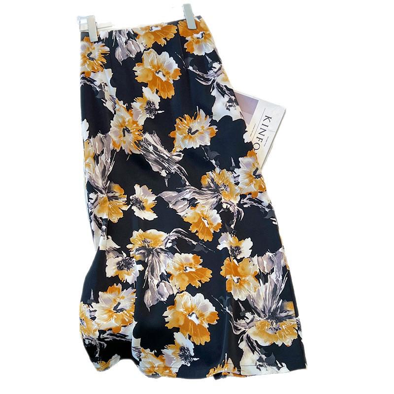 2025 Women's High-Waisted Satin Floral Midi Skirt - Summer A-Line Pencil Design