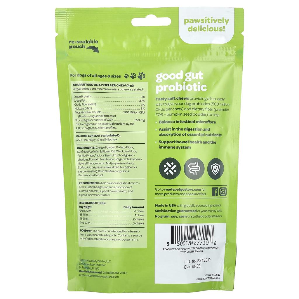Ready Pet Go Good Gut Probiotic, For Dogs, All Ages, Zesty Cheese, 60 Soft Chews, 8.5 Oz (240 G)
