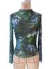 Spring and Summer Elegant Flower Fashion Floral Print Small Stand-up Collar Mesh Wooden Ear Rim Women's Tops Versatile Closet Essential Fashion Shirt
