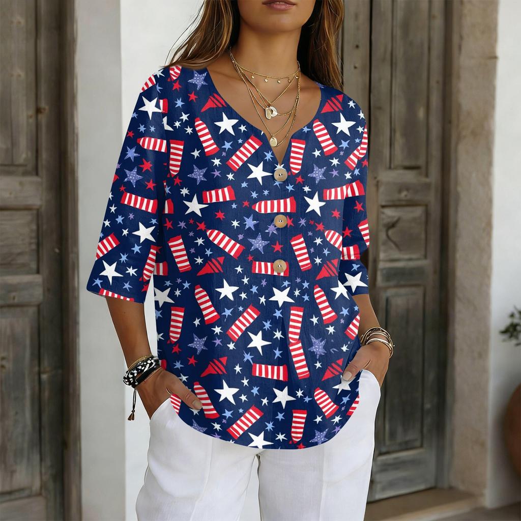 Women's V-Neck Button Three-Quarter Sleeve Casual Independence Day Print Pullover T-Shirt