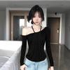 American Slanted Shoulder Long-sleeved T-shirt Women's Spring Spice Girls Polka Dot Bottoming Shirt Slim-fitting and Thin Neck-hanging Collar Top